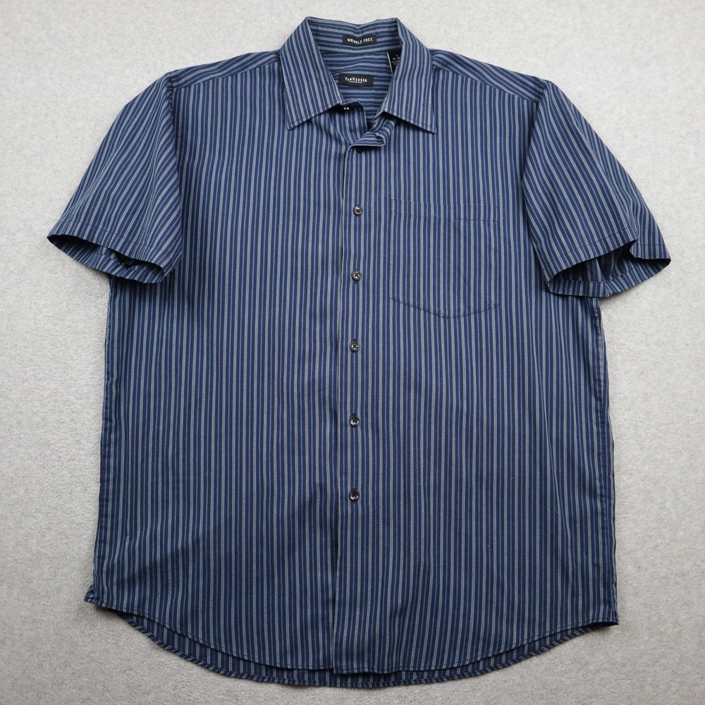 Van Heusen Button Down Mens Large Wrinkle Free Blue Striped Short Sleeve Shirt
